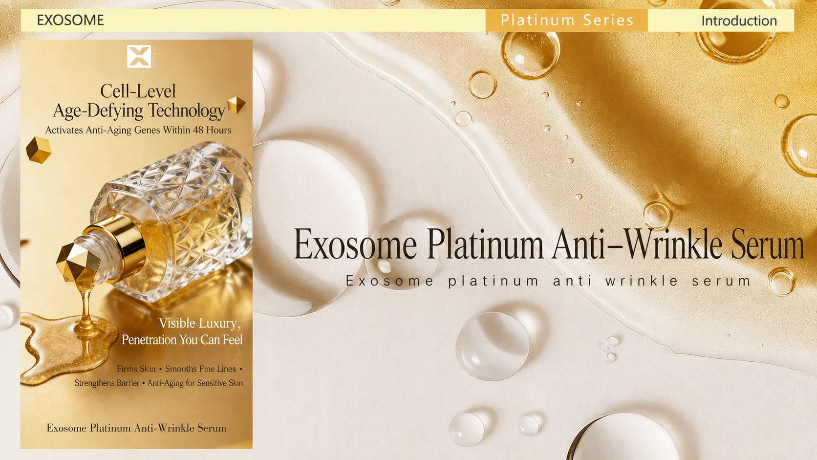 Promotional image for Exosome Platinum Anti-Wrinkle Serum showcasing a luxurious gold design, product benefits, and an oil texture background.